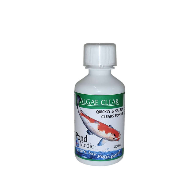 Pond Medic Algae Clear 200ml bottle for controlling algae in fishponds, safe for plants and fish when used as directed.