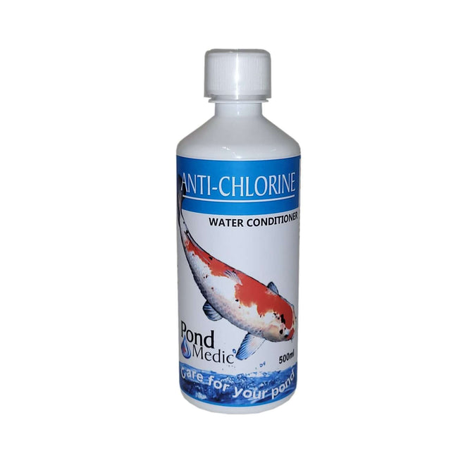 Pond Medic Anti Chlorine water conditioner bottle for freshwater ponds, removes toxic chlorine and metals, 500ml.