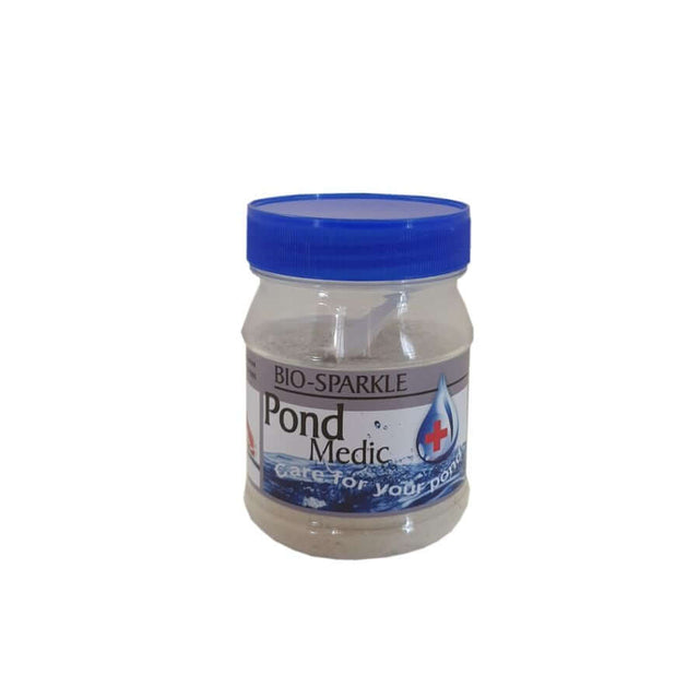 Pond Medic Bio Sparkle jar for improving pond water clarity and quality by reducing ammonia and nitrate levels.