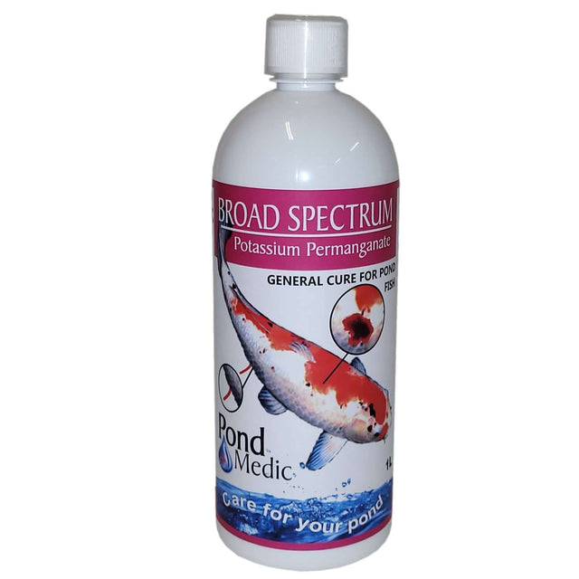 Pond Medic Broad Spectrum medication bottle for treating koi fish ailments and clearing pond water.