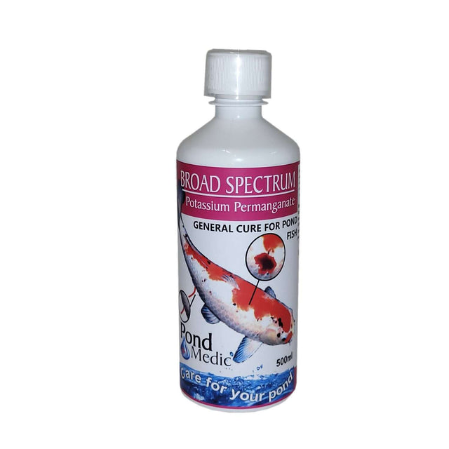 Pond Medic Broad Spectrum medication bottle for treating fish ailments and clearing green water.