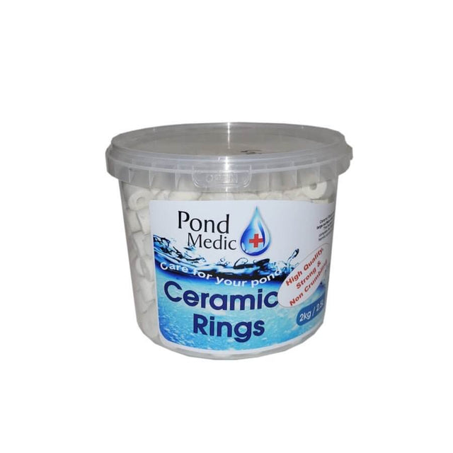 Pond Medic Ceramic Rings in a clear container, ideal biological media for ponds and aquariums to support beneficial bacteria growth.