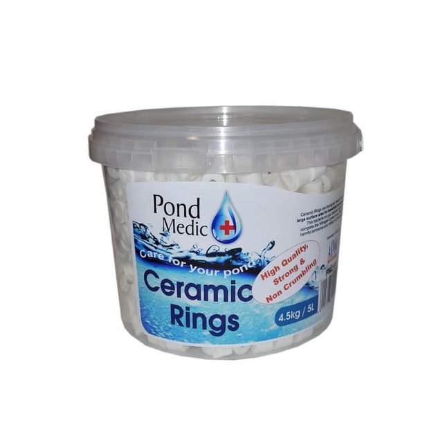 Pond Medic Ceramic Rings in a clear container, 4.5kg, high quality biological media for pond and aquarium filtration.