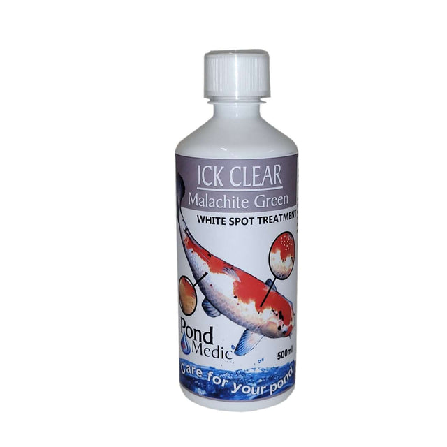 Pond Medic Ick Clear 500ml bottle for treating white spot disease in ornamental fish ponds and aquariums.