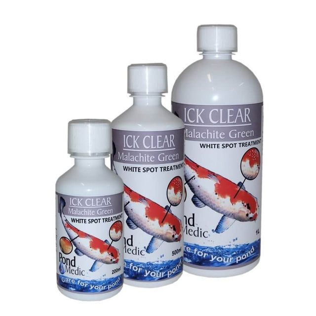 Three sizes of Pond Medic Ick Clear bottles for treating Whitespot and protozoan parasites in ornamental fish.