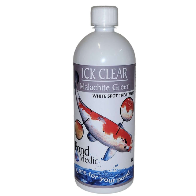 Pond Medic Ick Clear treatment bottle for whitespot and protozoan parasites in ornamental fish.