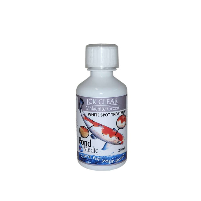 Pond Medic Ick Clear bottle for treating Whitespot and protozoan parasites in ornamental fish and ponds.