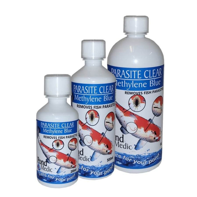 Pond Medic Parasite Clear bottles for treating fish parasites and fungal infections in ponds.