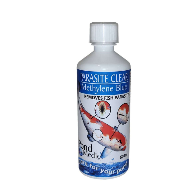 Pond Medic Parasite Clear Methylene Blue bottle for effective fish parasite removal and fungal infection treatment.