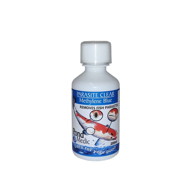 Pond Medic Parasite Clear bottle for removing fish parasites, effective for Koi and Goldfish, 200ml size.