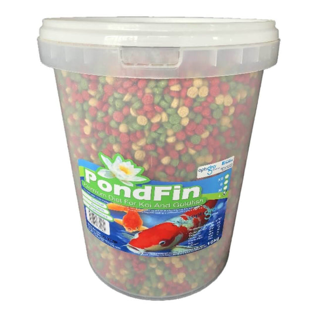 PondFin Koi and Goldfish food 10kg container, featuring colorful pellets for a premium diet.