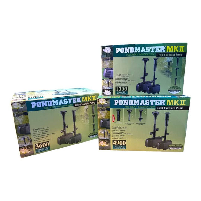 Pondmaster MKII fountain pump kits showcasing three models for ponds and water features.