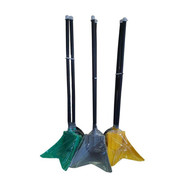 Assorted Poop Patrol Pet Poop Scoopers in green, gray, and yellow colors for easy pet waste clean-up in the garden.