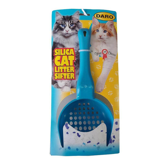 Cat litter silica sifter in blue with packaging featuring two cats, designed for efficient litter management.