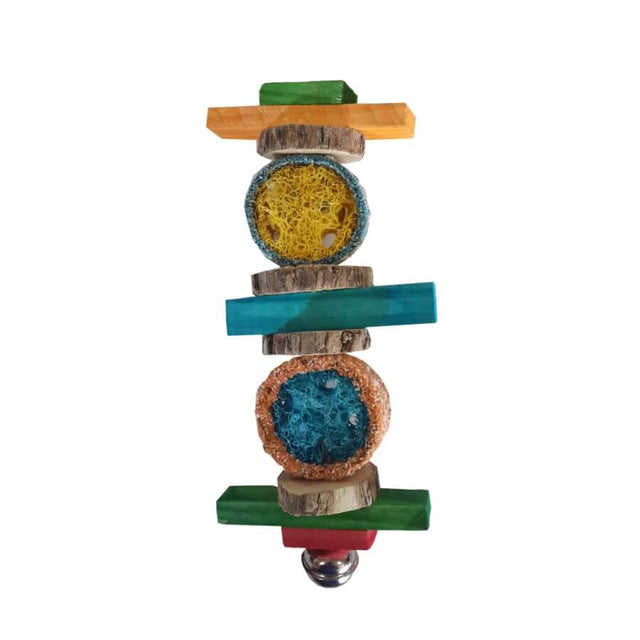 Colorful wooden and loofah bird toy, designed for parrot entertainment and chewing habits, promoting natural play.
