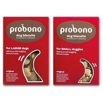 Probono dog biscuits packaging for large and small dogs, featuring crunchy, tasty treats enriched with vitamins.
