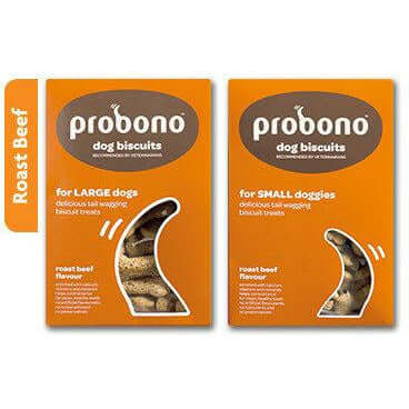 Probono dog biscuits packaging for large and small dogs, featuring roast beef flavor. Delicious, crunchy treats for all breeds.
