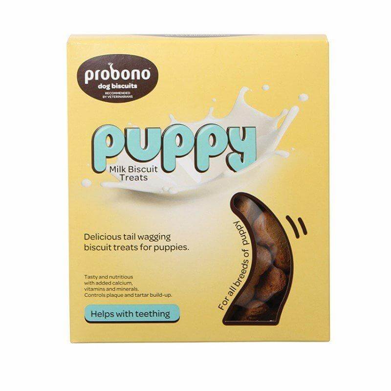 Probono Puppy Milk Biscuit Treats packaging, featuring nutritious, crunchy snacks for teething puppies. Ideal for all breeds.