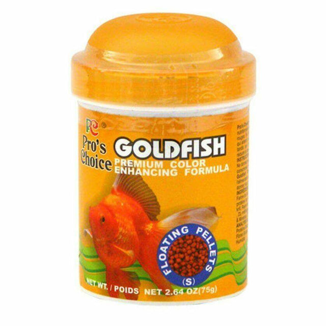 Pro's Choice Goldfish Floating Pellets container showcasing premium color enhancing formula for healthy goldfish growth.