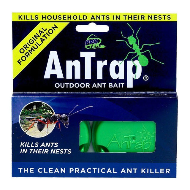 Protek AnTrap Outdoor Ant Bait packaging design showcasing ant control features and original formulation for effective pest management.