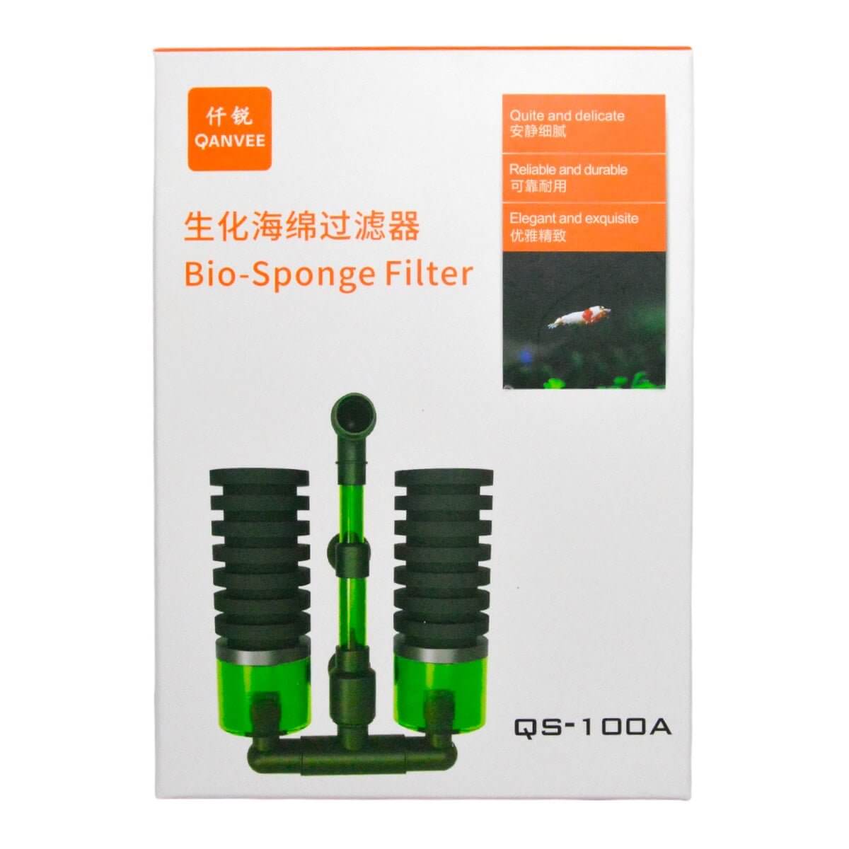 Qanvee Bio Sponge Filter packaging showcasing efficient filtration for a healthier aquarium environment.