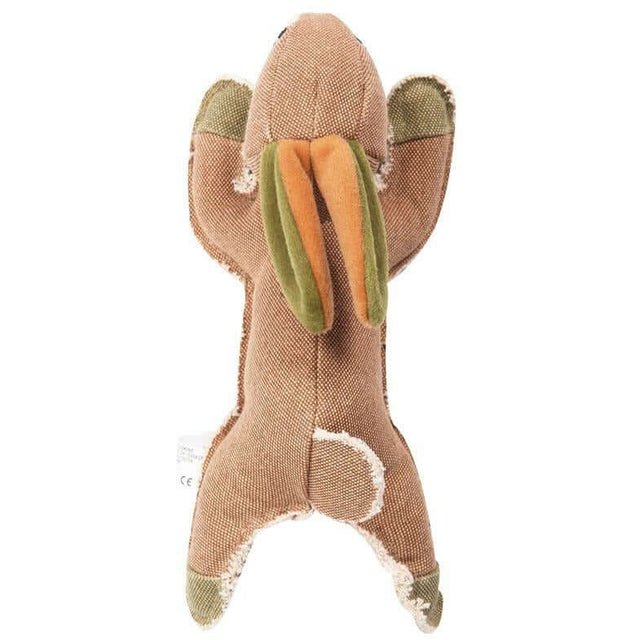 Real Tuff Rabbit Dog Toy in brown and green, durable plush designed for squeaky fun and cuddling.