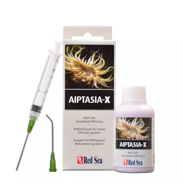 Red Sea Aiptasia-X 60ml bottle with syringe for reef-safe Aiptasia elimination in aquariums.