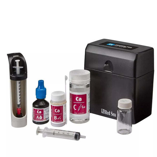 Red Sea Calcium Pro Reef Test Kit components including syringe, bottles, and test chamber for accurate calcium measurement.