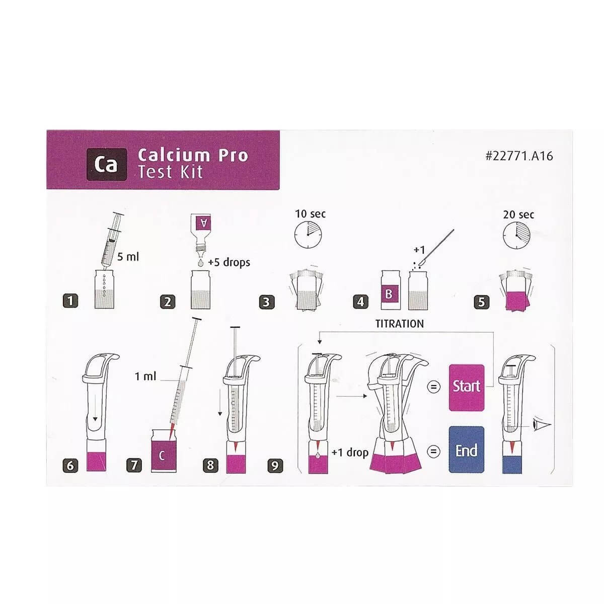 Instruction guide for Red Sea Calcium Pro Reef Test Kit, detailing titration steps for accurate calcium measurement.