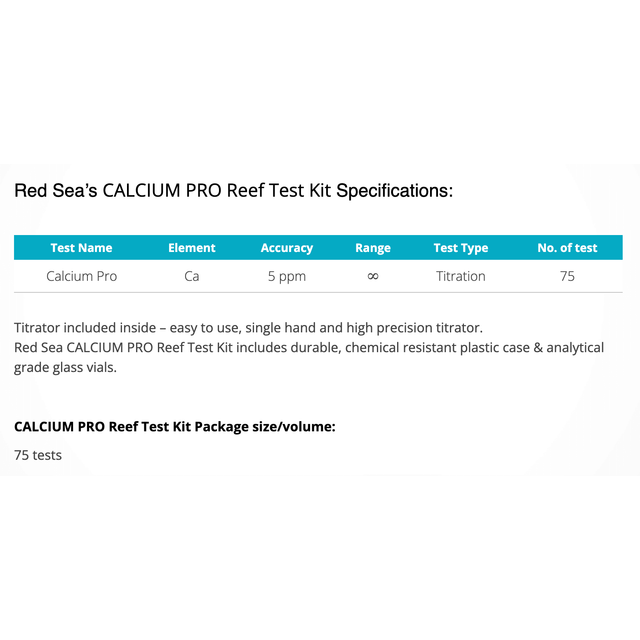Red Sea Calcium Pro Reef Test Kit specifications including accuracy, range, and number of tests.