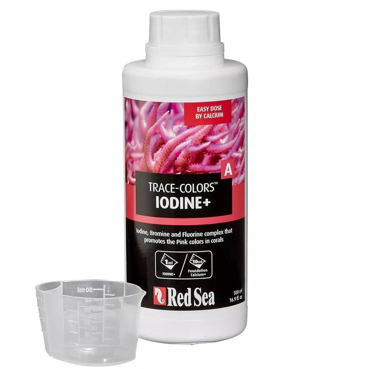 Red Sea Coral Colors A Iodine 500ml bottle with measuring cup for enhancing coral color and health.