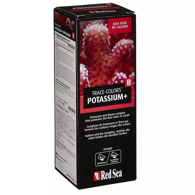 Red Sea Coral Colors B Potassium 500ml bottle for enhancing coral health and nutrient transport in aquariums.