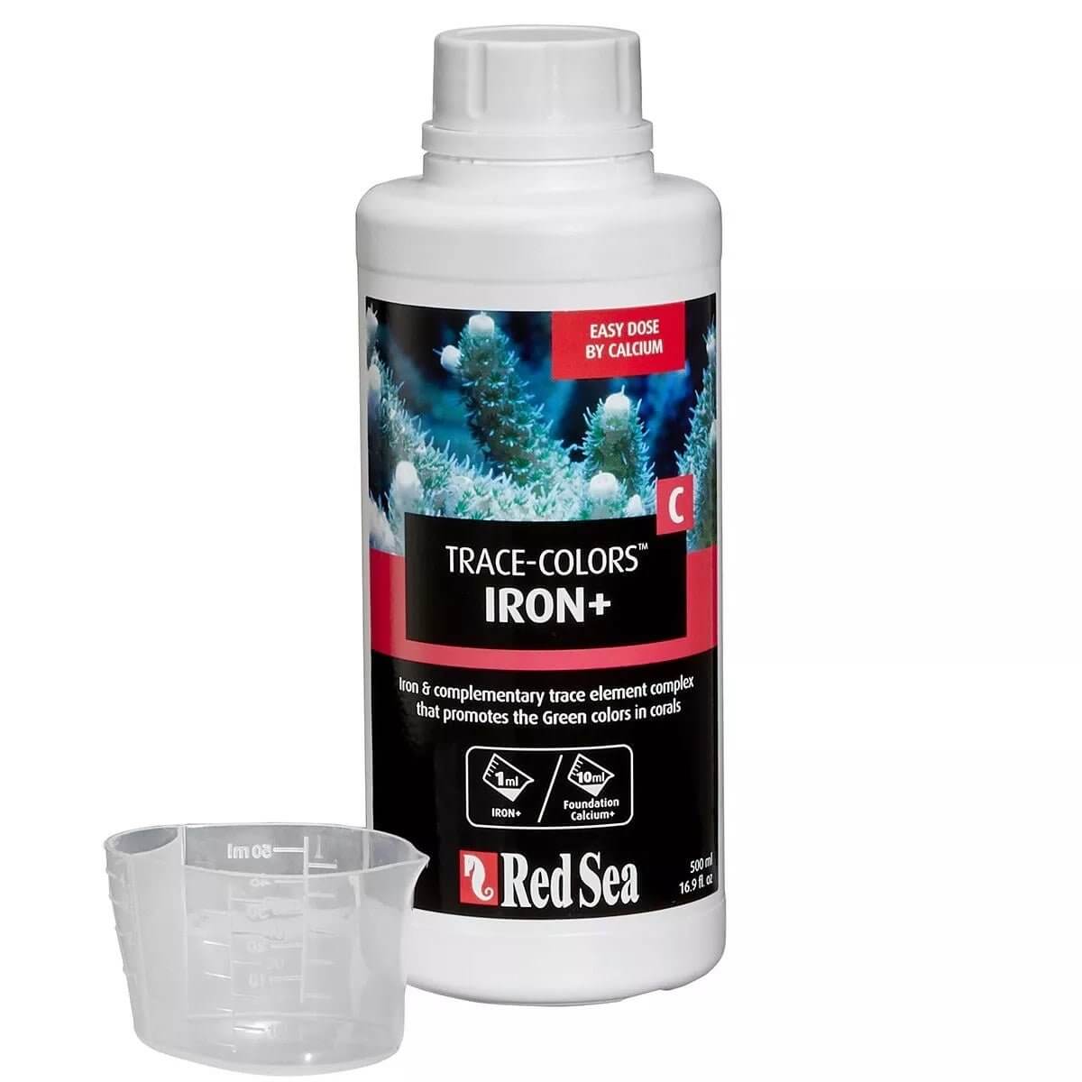 Red Sea Coral Colors C Iron 500ml bottle with measuring cup, promoting green colors in corals through essential trace elements.