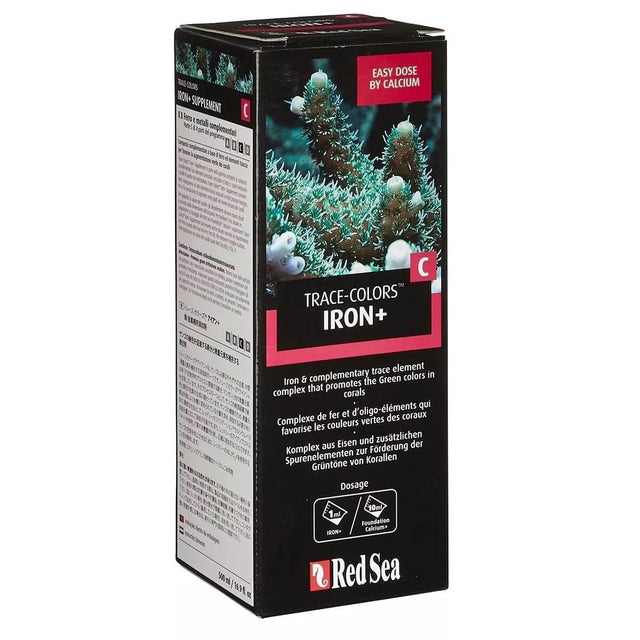 Red Sea Coral Colors C Iron 500ml product box featuring trace-element complex for enhancing coral coloration.