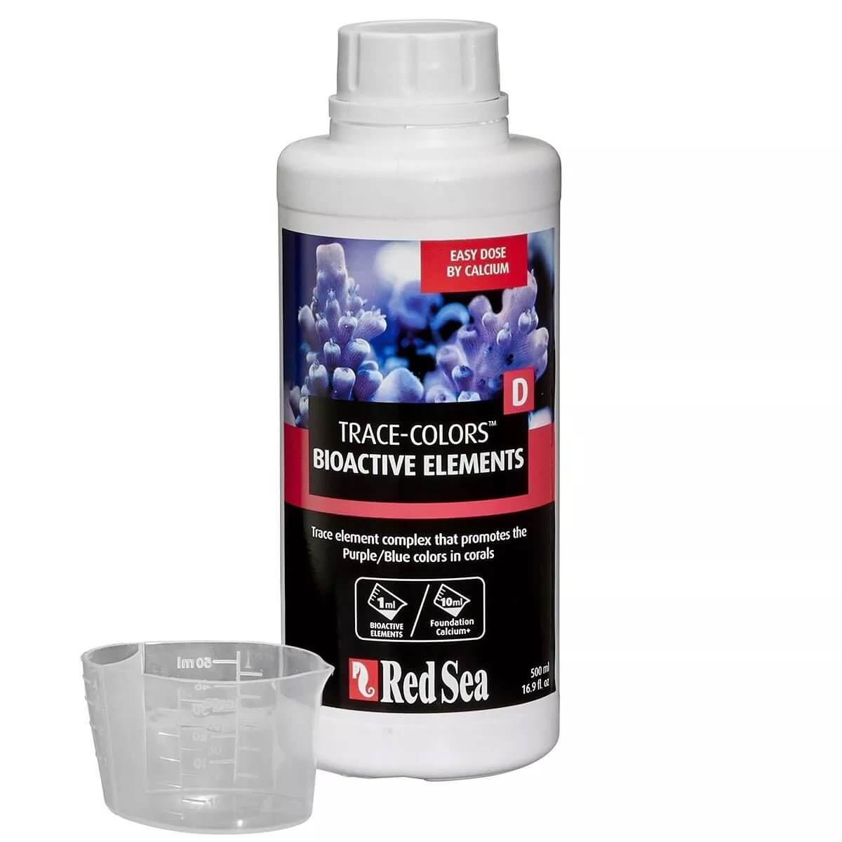 Red Sea Coral Colors D Bioactive Elements 500ml bottle with measuring cup, promoting purple/blue colors in soft corals.