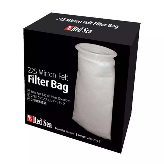 Red Sea 225 Micron Felt Filter Bag packaging, 10cm diameter, 26cm length, designed for effective aquarium filtration.