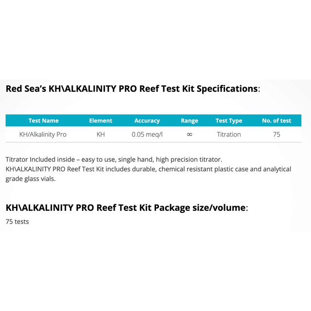 Red Sea KH Alkalinity Pro Reef Test Kit specifications, accuracy 0.05 meq/l, includes 75 tests and high-precision titrator.