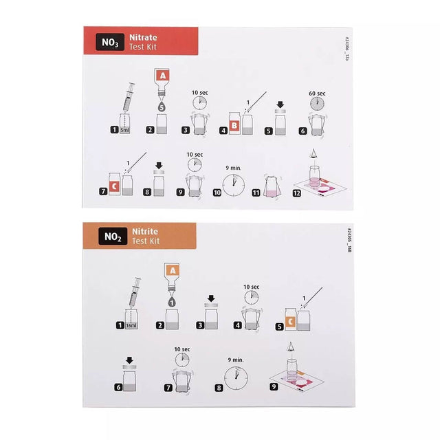 Instructions for Red Sea Nitrate and Nitrite Test Kits with step-by-step guides for aquarium water testing.