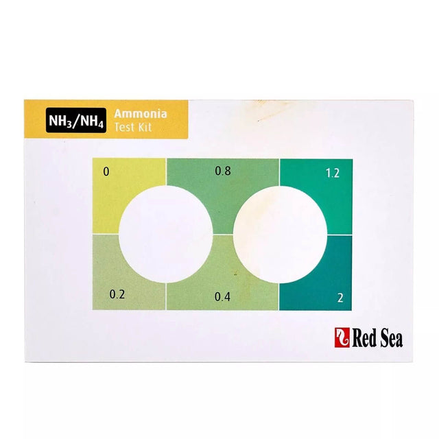 Red Sea Ammonia Test Kit showing color chart for measuring ammonia levels in marine aquariums.