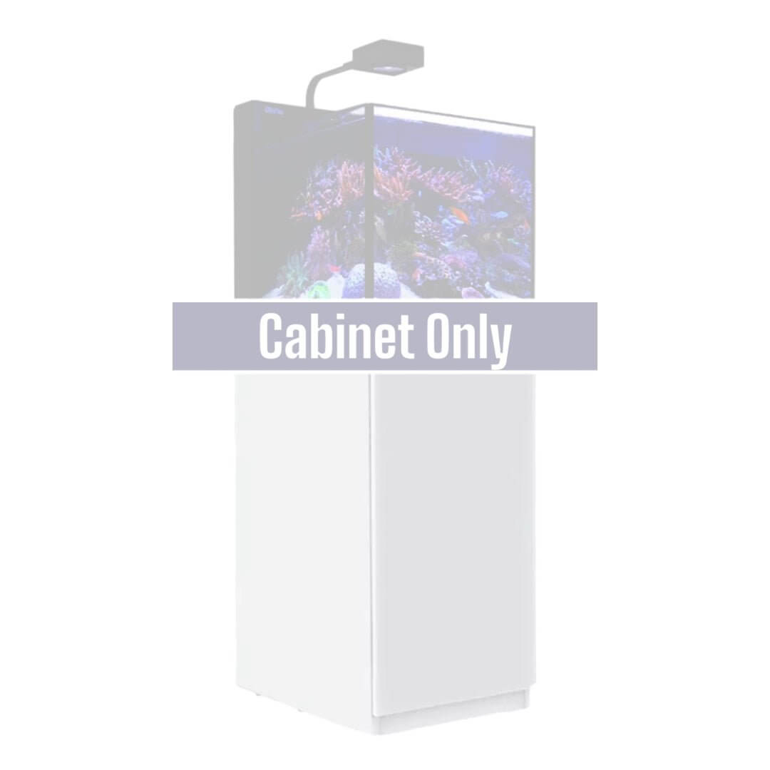 Red Sea Max NANO G2 white cabinet for aquarium system, displaying sleek design and compatibility with reef setups.
