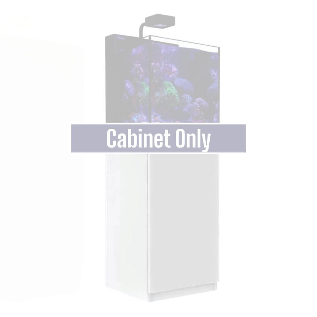 White cabinet for Red Sea Max NANO G2 Cube reef aquarium system, designed for style and functionality.