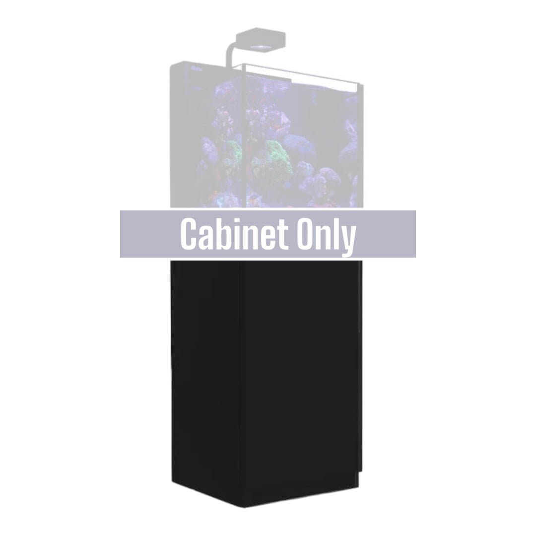 Black cabinet for Red Sea Max NANO G2 Cube complete reef aquarium system, showcasing stylish storage solution.