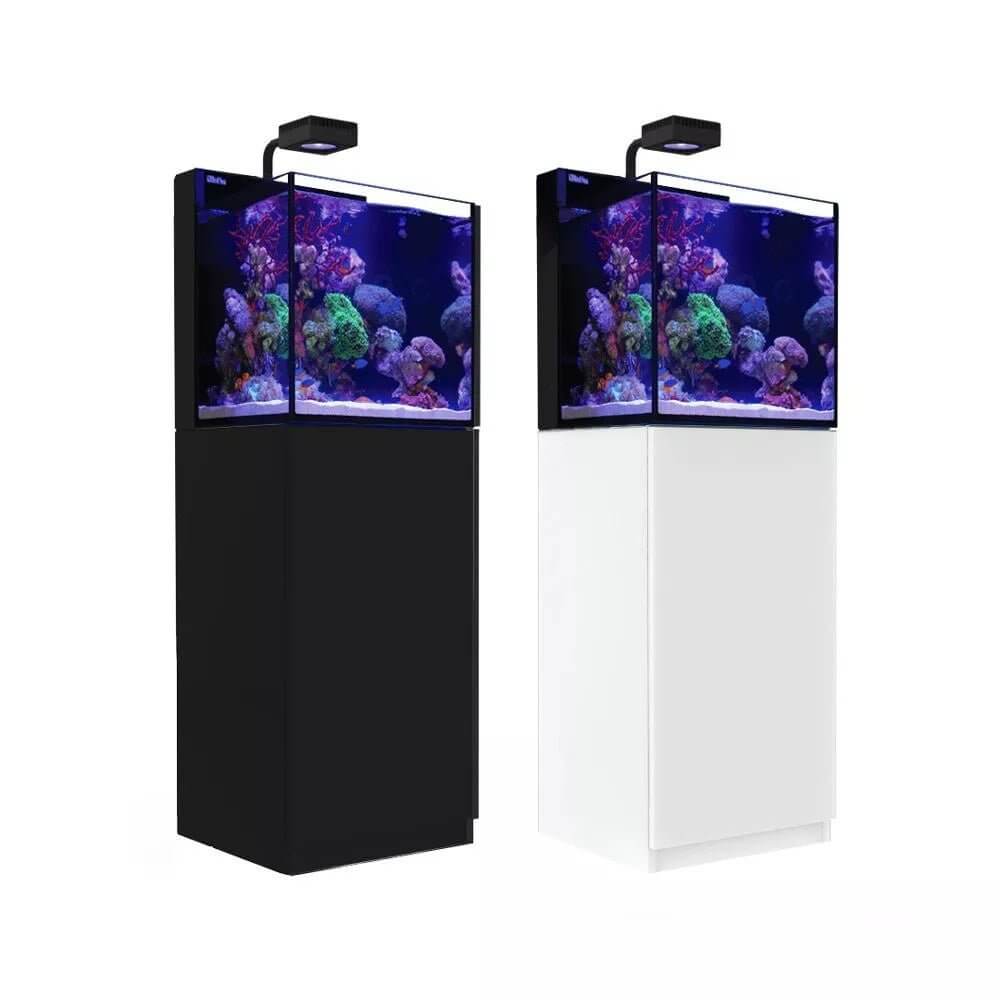 Red Sea Max NANO G2 Cube aquarium system in black and white with vibrant coral display and LED lighting.