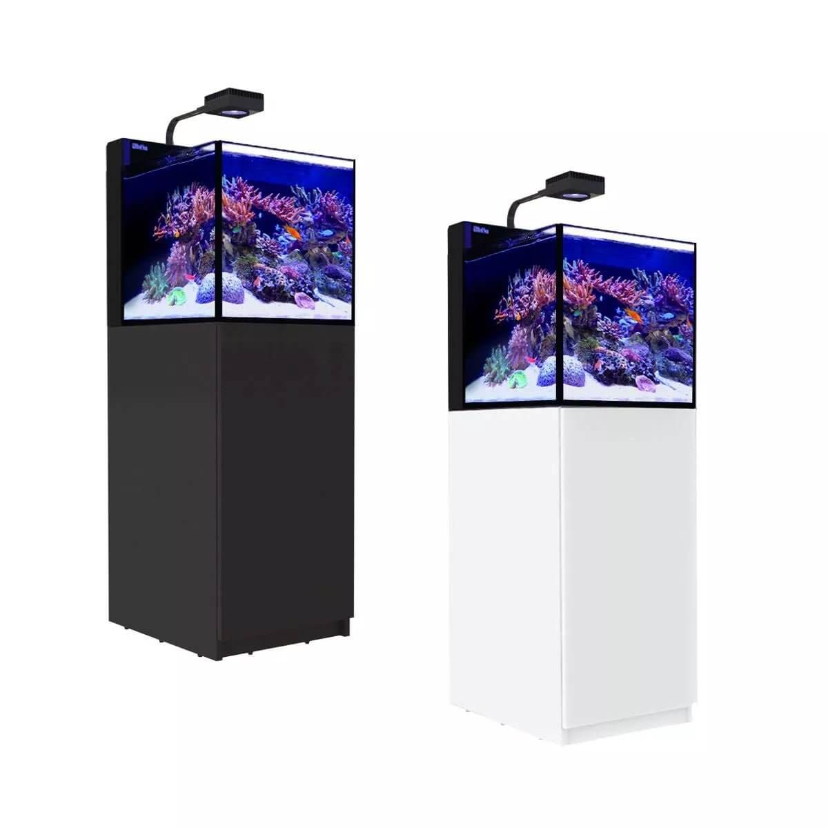 Red Sea Max NANO G2 Peninsula Cube Reef Aquarium in black and white options with vibrant coral display and LED lighting.