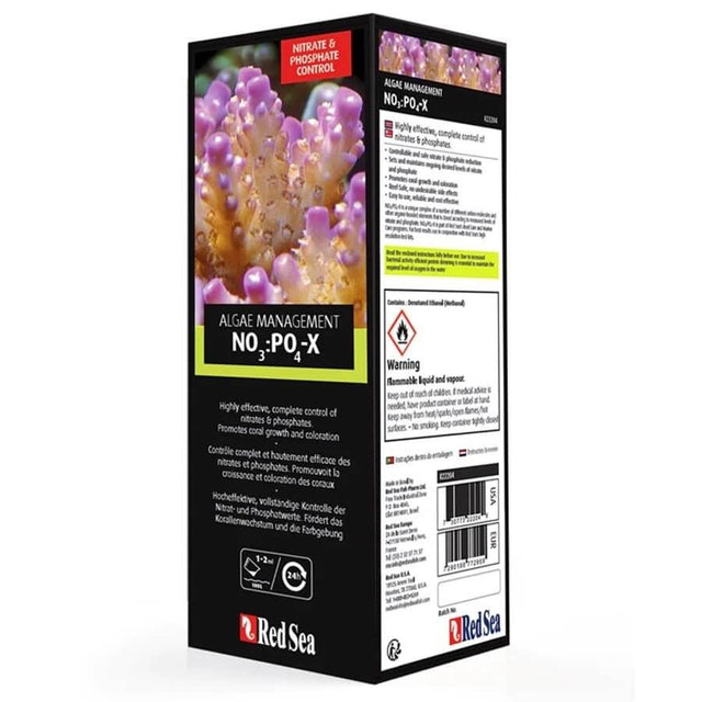 Red Sea NO3 PO4-X NOPOX Algae Management bottle with coral background for nitrate and phosphate control.