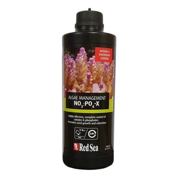 Red Sea NO3 PO4-X NOPOX Algae Management bottle for controlling nitrates and phosphates, promoting coral growth and color.