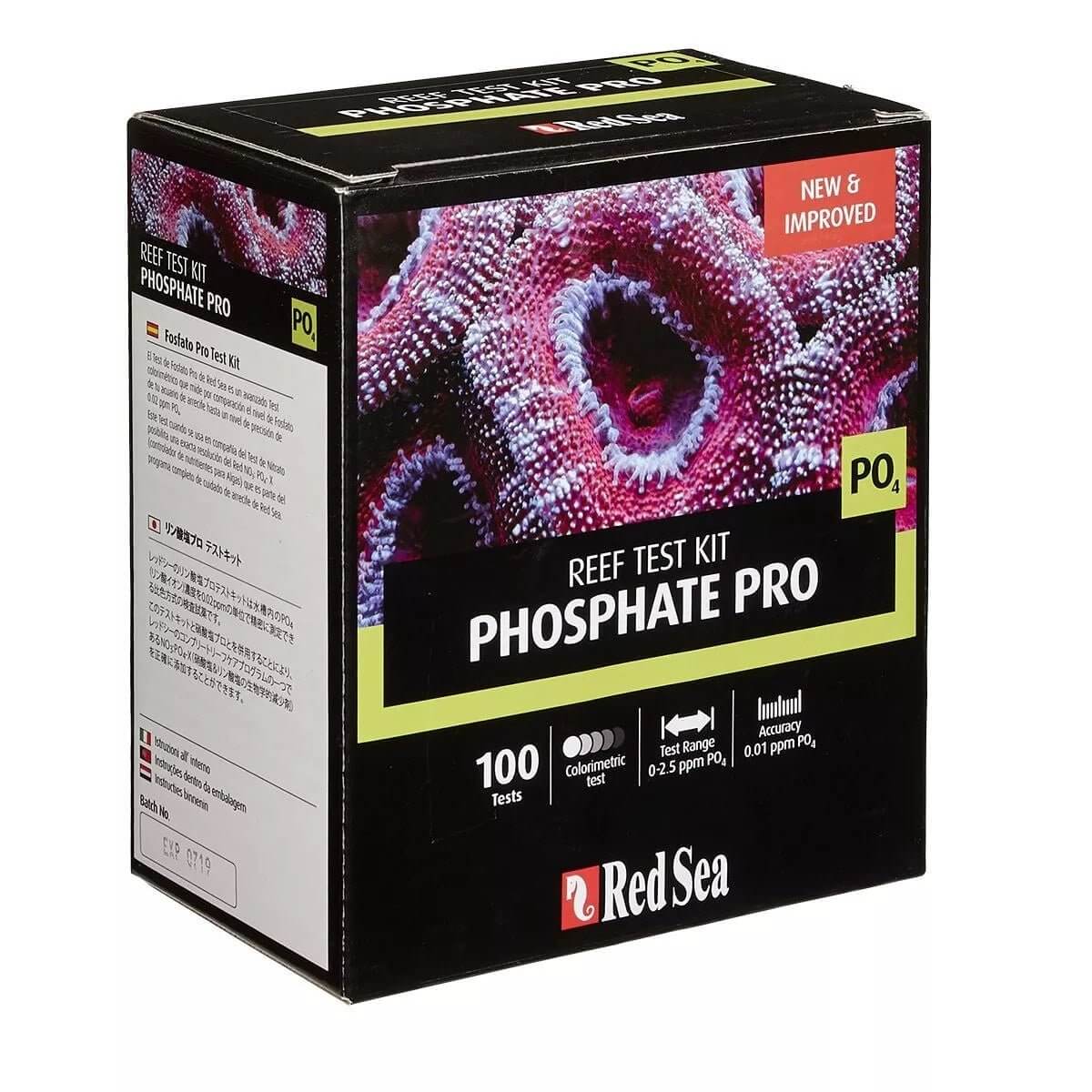Red Sea Phosphate Pro Test Kit packaging with 100 tests for monitoring phosphate levels in reef aquariums.