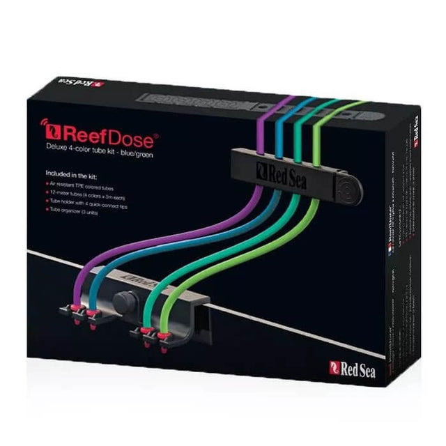 Red Sea ReefDose 4 Color Tube Kit in blue/green, showcasing air-resistant TPE tubes and quick-connect tube holder.