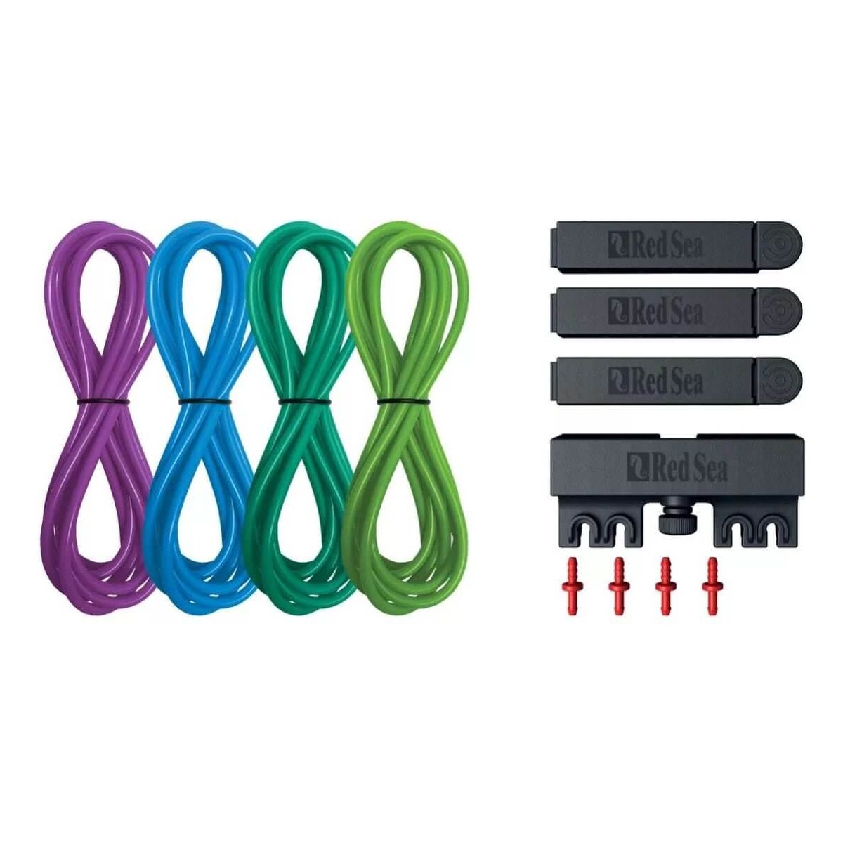Red Sea ReefDose 4 Color Tube Kits featuring purple, blue, green, and black tubes with connectors and tube holder.