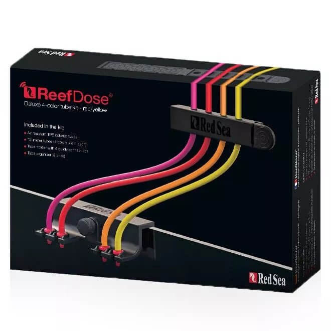 Red Sea ReefDose 4 Color Tube Kit in red and yellow with color-coded tubes and tube holder for effective dosing solutions.